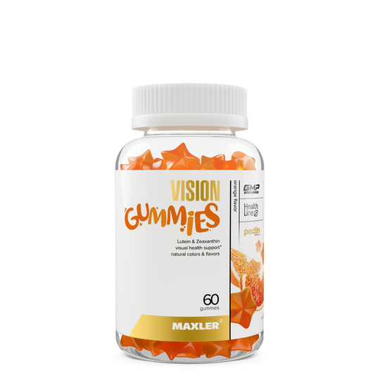 Bottle of Vision Gummies with a white cap on a white background