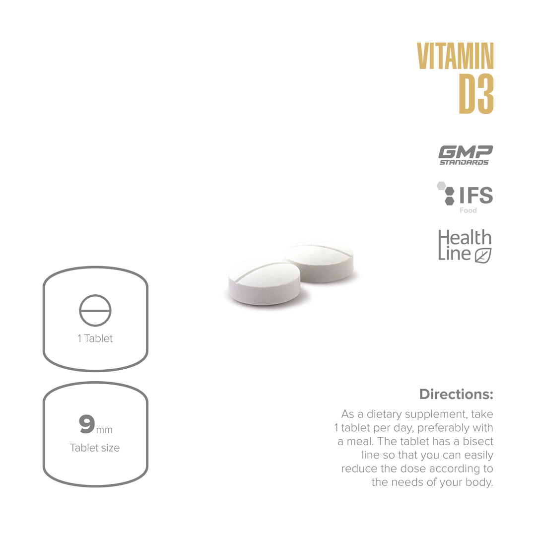 Vitamin D3 supplement packaging with tablets and branding details on a white background