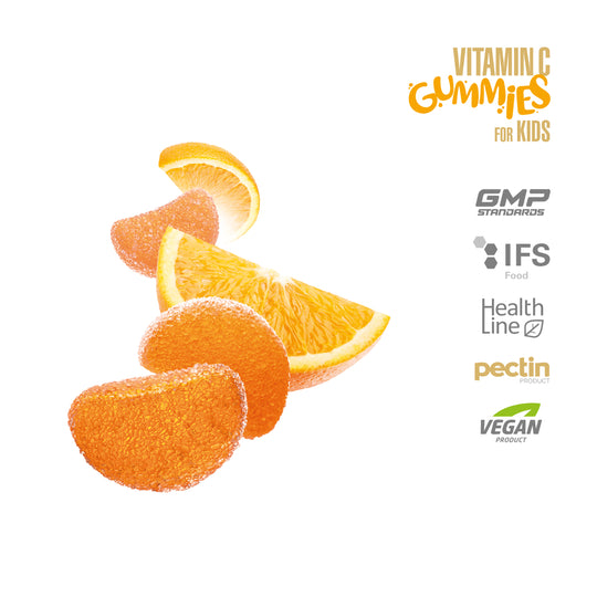 Vitamin C gummies for kids with orange slices on a white background, featuring certification logos.