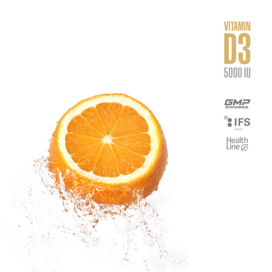 Sliced orange with vitamin D3 supplement label on a white background