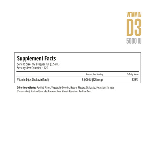 Supplement label for Vitamin D3 5000 IU with serving size and facts.