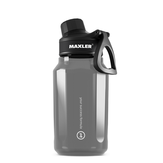 Gray water bottle with black lid and handle on a white background, featuring the Maxler brand.