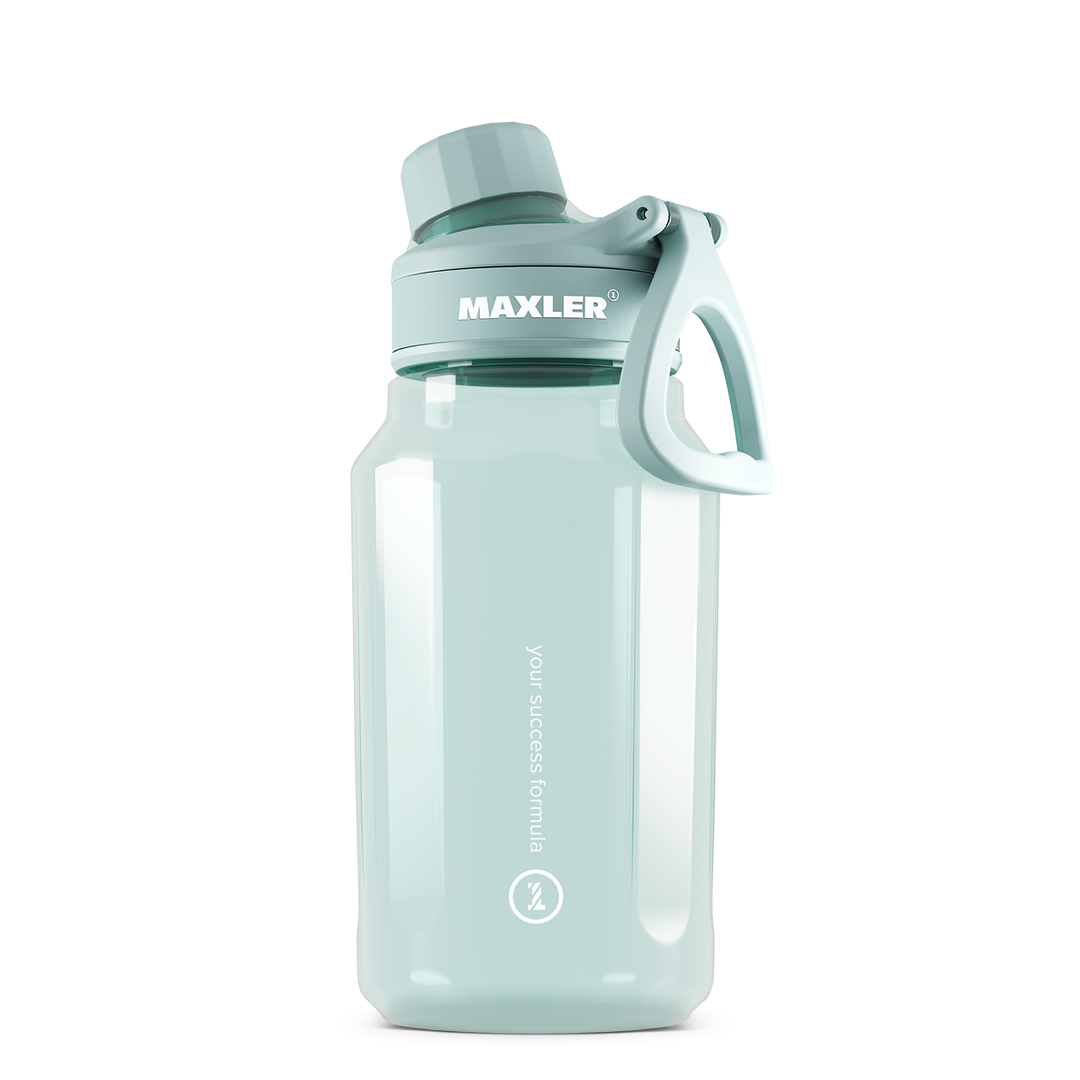 Light blue water bottle with handle and MAXLER branding on a white background
