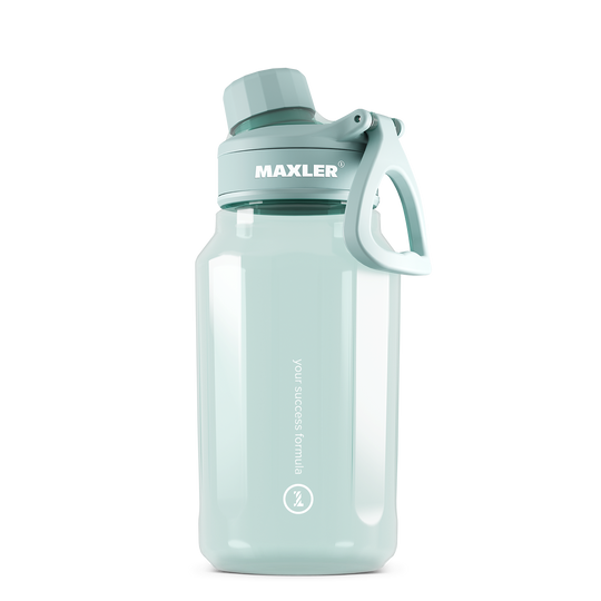 Light blue water bottle with handle and MAXLER branding on a white background