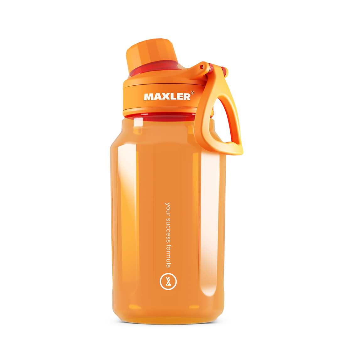 Orange water bottle with handle and MAXLER branding on a white background
