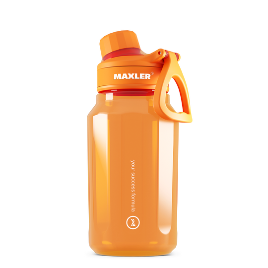 Orange water bottle with handle and MAXLER branding on a white background