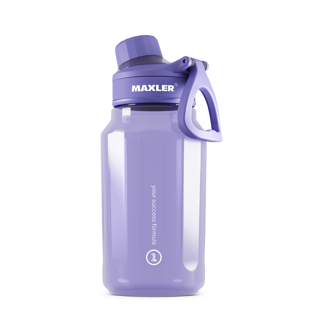 Purple water bottle with handle and MAXLER branding on a white background