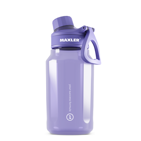 Purple water bottle with handle and MAXLER branding on a white background