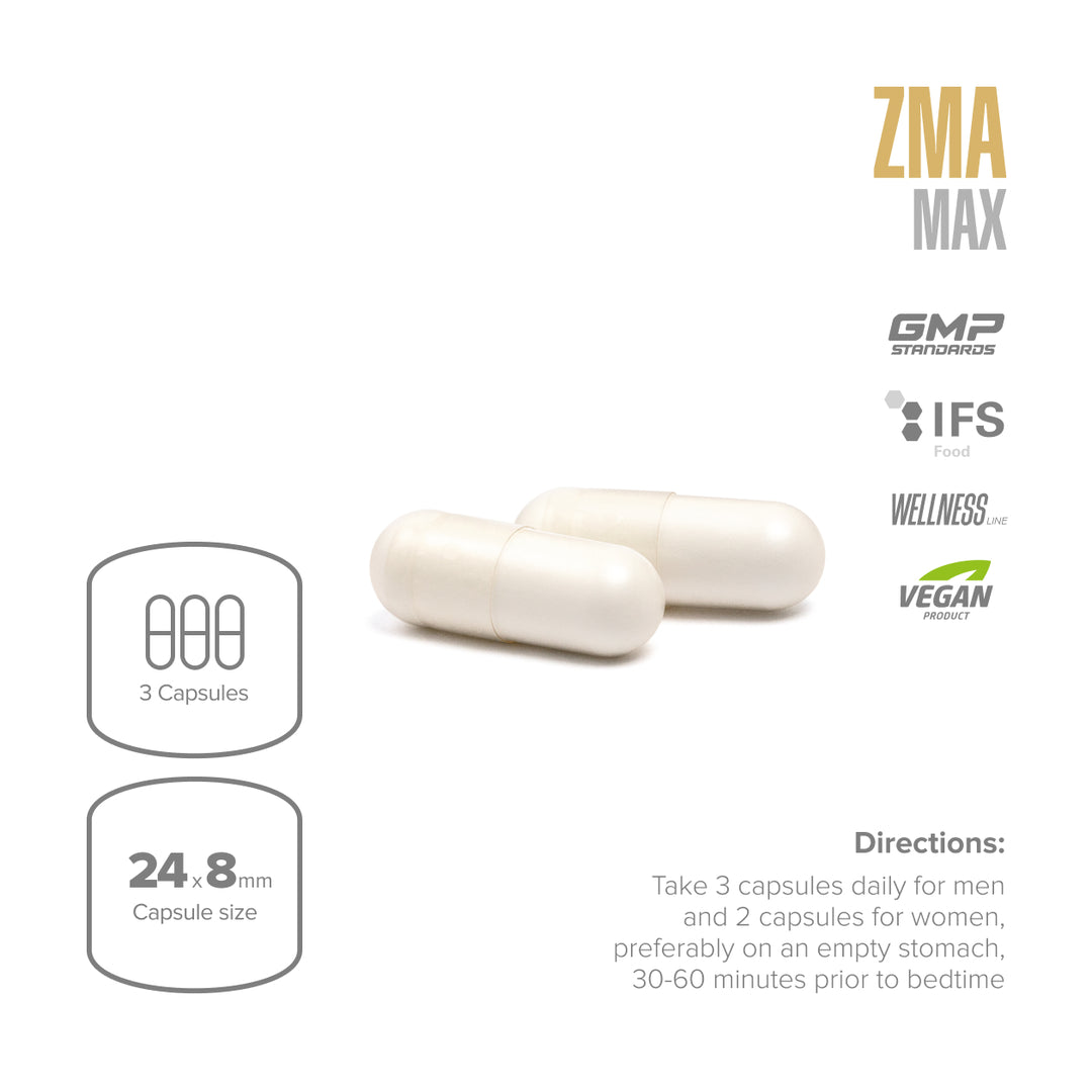 ZMA MAX supplement capsules with product details on a white background