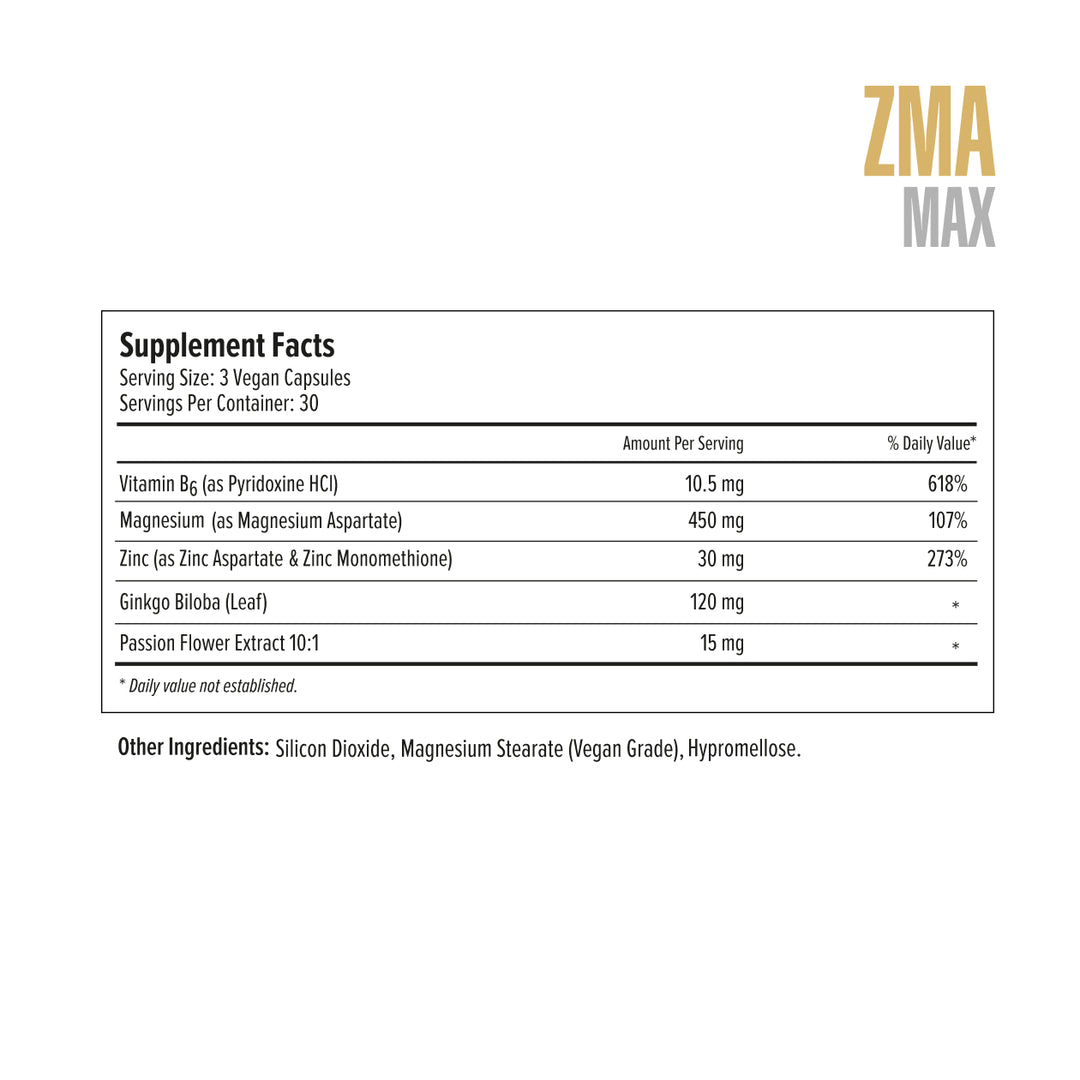 Supplement facts label for ZMA MAX on a white background