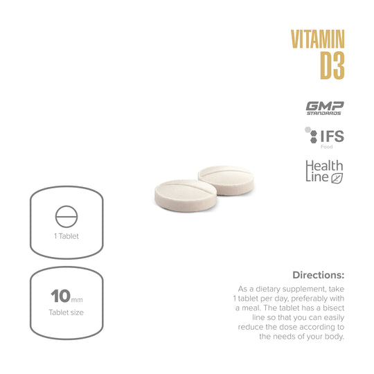 Vitamin D3 supplement packaging with tablets and branding details on a white background