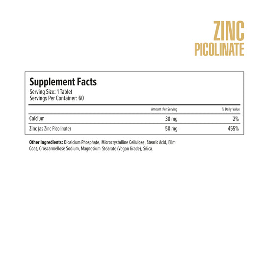 Supplement facts label for Zinc Picolinate on a white background