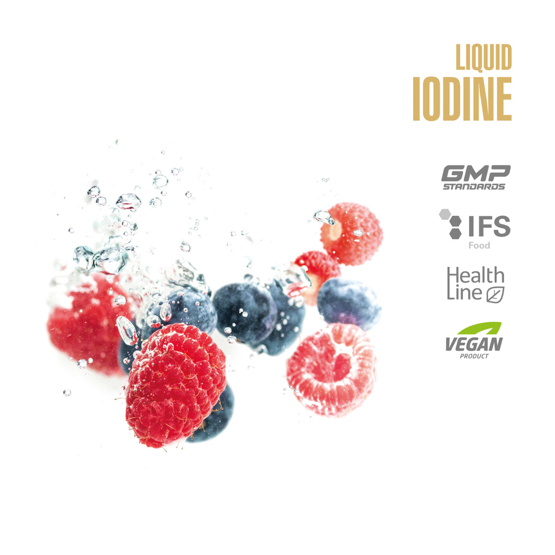 Product packaging with berries and certification logos on a white background