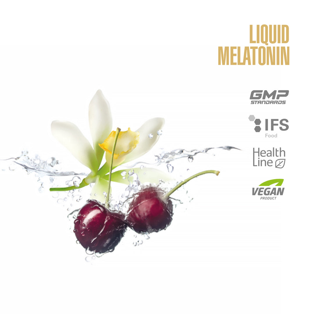 Liquid Melatonin advertisement with cherries and a flower on a white background