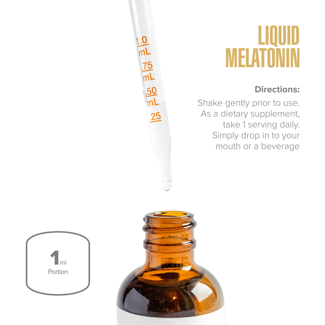 Amber glass bottle with dropper labeled 'Liquid Melatonin' on a white background