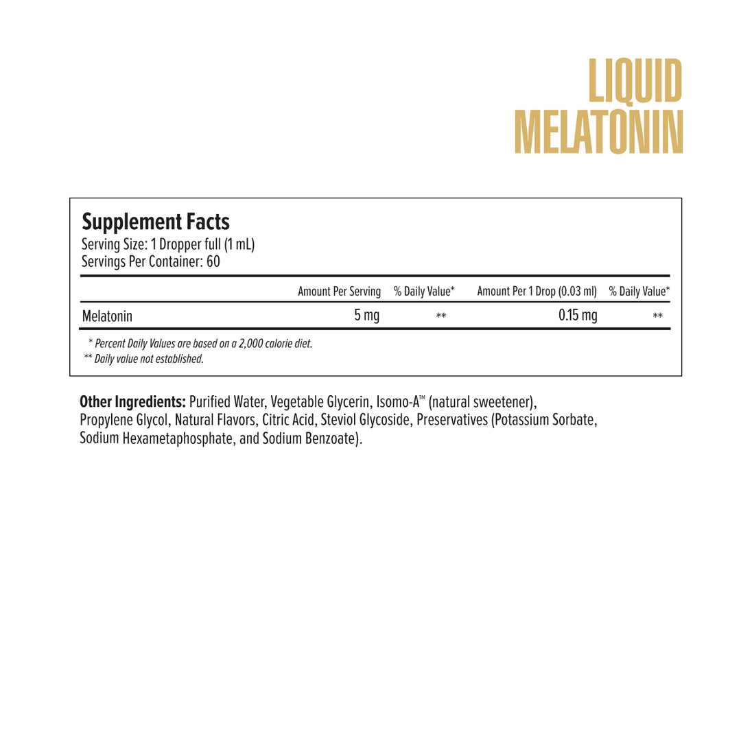 Supplement label for Liquid Melatonin with ingredient list on a white background