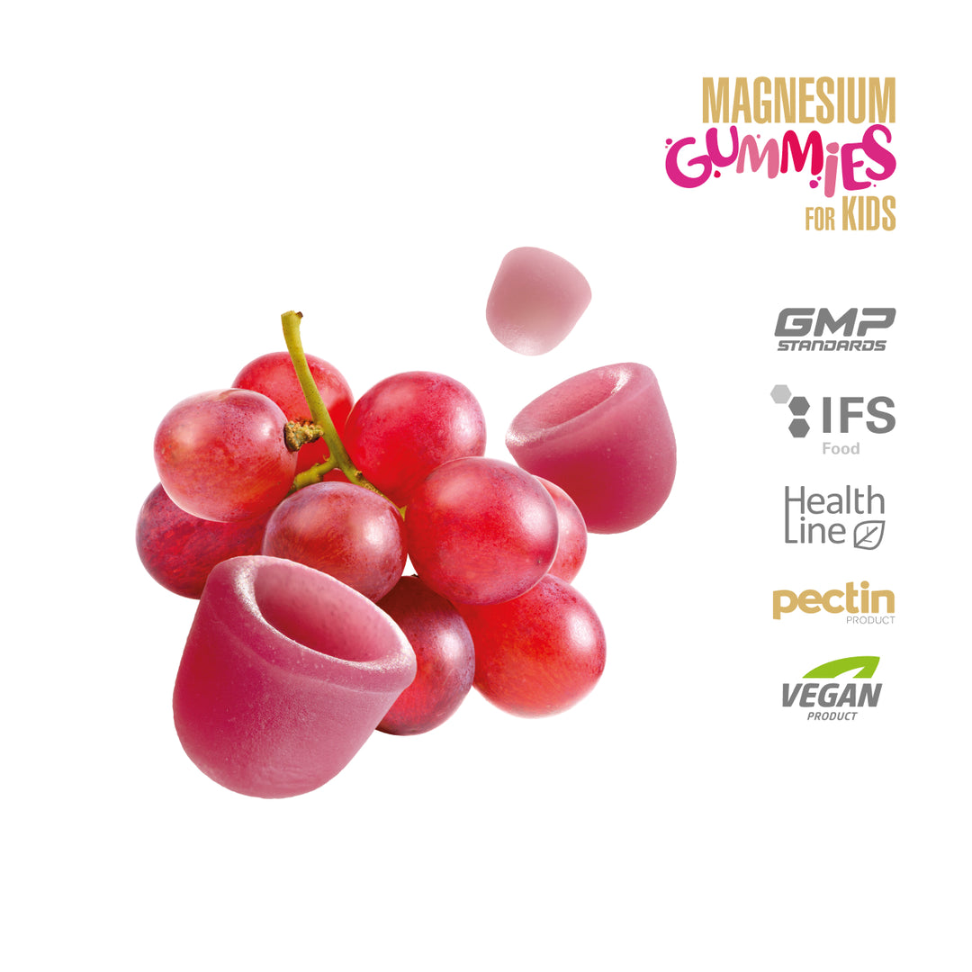 Magnesium gummies for kids with red grapes on a white background, featuring certification logos.