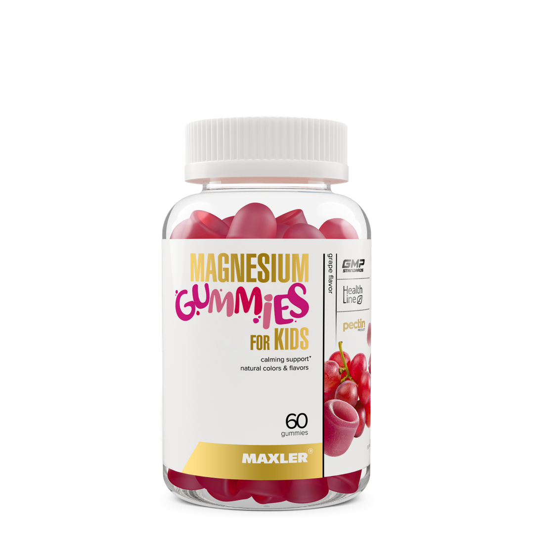 Bottle of magnesium gummies for kids with a white background