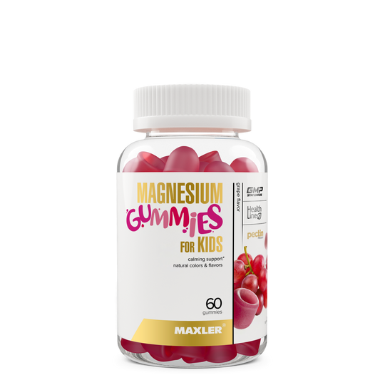 Bottle of magnesium gummies for kids with a white background