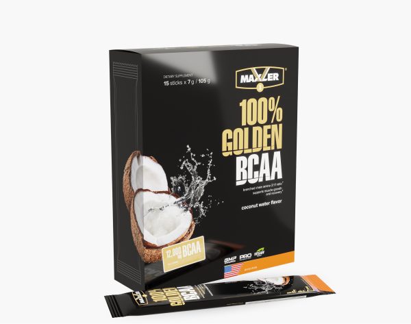 A photo of 100% Golden BCAA coconut flavor box.