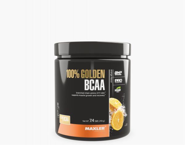 A photo of 100% Golden BCAA orange flavor 210 g container.