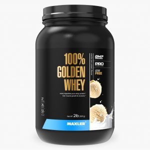 A photo of 100% Golden Whey vanilla 2lb container.