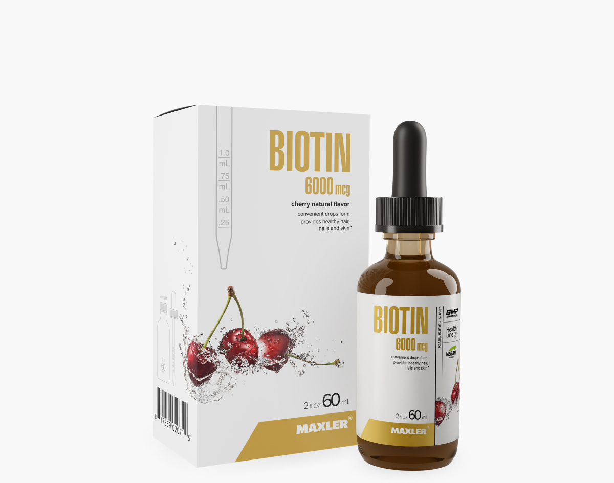 Maxler Biotin 6000 mcg drops with cherry flavor, front view of bottle and packaging for hair, skin, and nail support