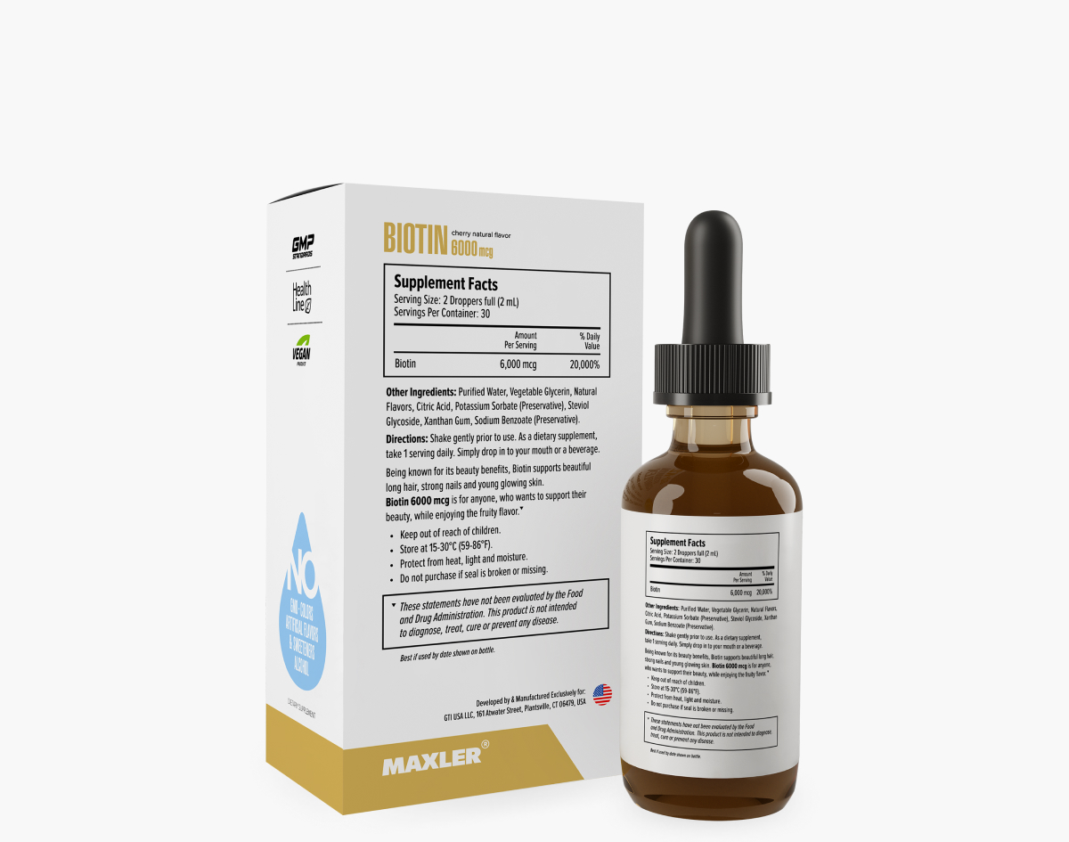 Maxler Biotin 6000 mcg cherry flavor supplement facts and ingredient list on bottle and packaging