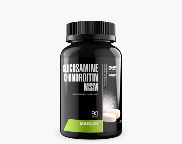 A photo of Glucosamine Chondroitin MSM 90 tabs at white background.