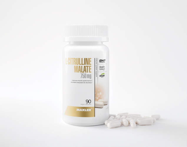 A photo of L-Citrulline Malate bottle with a few capsules near it.
