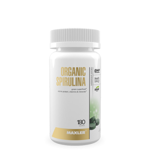 A picture of white bottle with Organic Spirulina capsules.