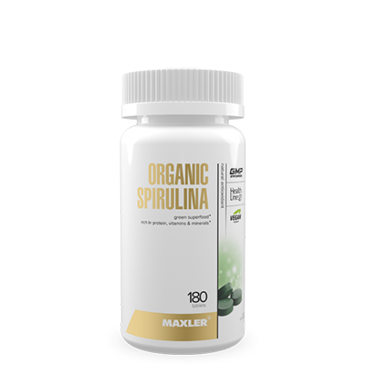 A picture of white bottle with Organic Spirulina capsules.