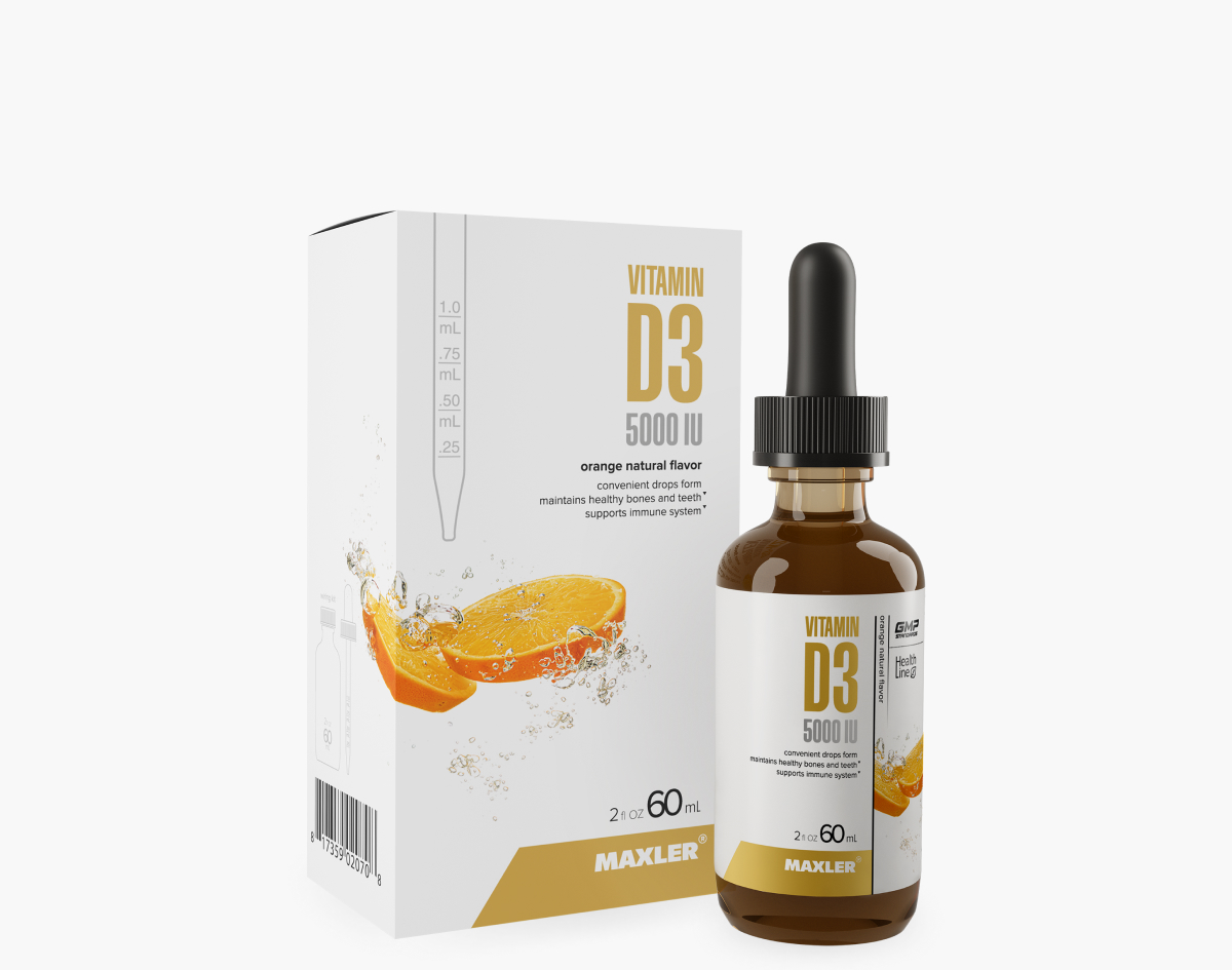 Maxler Vitamin D3 5000 IU orange flavor drops with box and bottle, front product preview