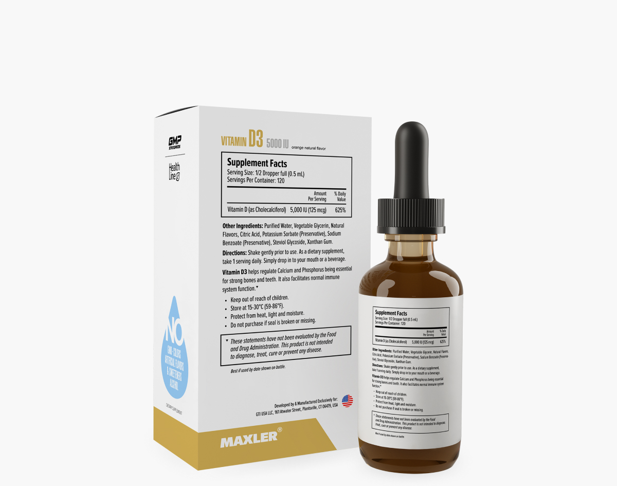 Maxler Vitamin D3 5000 IU with natural orange flavor, bottle and packaging for bone and immune support