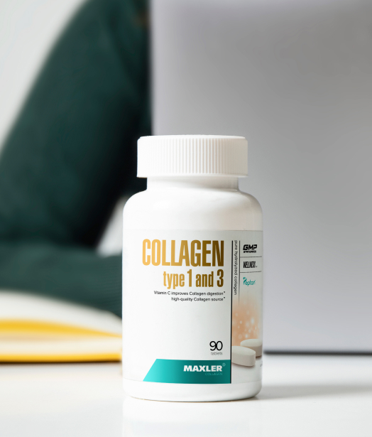 Maxler Collagen Type 1 & 3 supplement bottle on a desk, highlighting its role in supporting skin elasticity, hair strength, and joint health