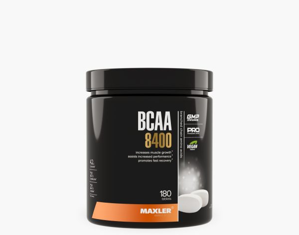 A photo of BCAA 8400 180 tabs container on a white background.