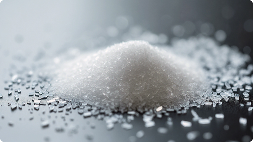 Close-up of sucralose granules piled on a reflective surface, showcasing their crystalline texture