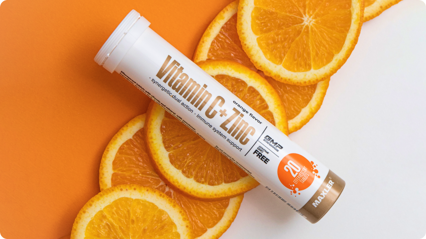 Maxler Vitamin C + Zinc effervescent tabs with orange slices, supporting immune health and collagen synthesis