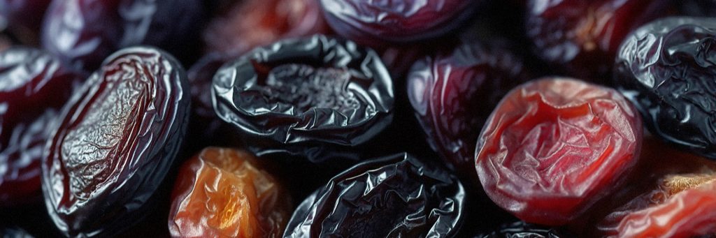 Close-up of nutrient-rich dried prunes, highlighting their wrinkled texture and deep purple hues