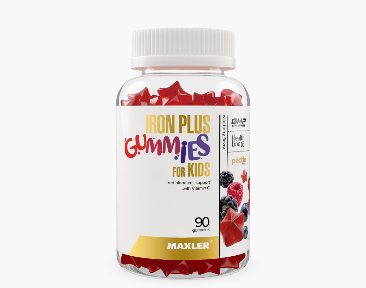 Front view of Maxler Iron Plus Gummies for Kids 90ct bottle, featuring red star-shaped gummies and wild berry flavor branding.