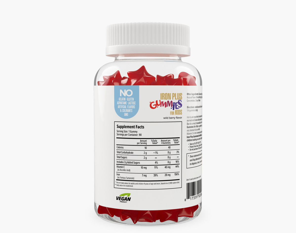 Back view of Maxler Iron Plus Gummies for Kids 90ct bottle, showing supplement facts, ingredients, and certifications
