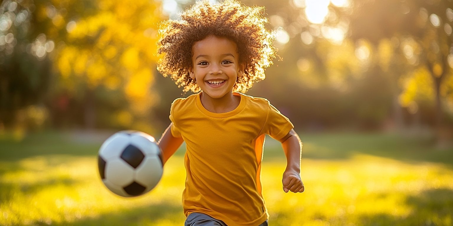 appy child playing soccer outdoors, representing an active lifestyle supported by Maxler Magnesium Gummies