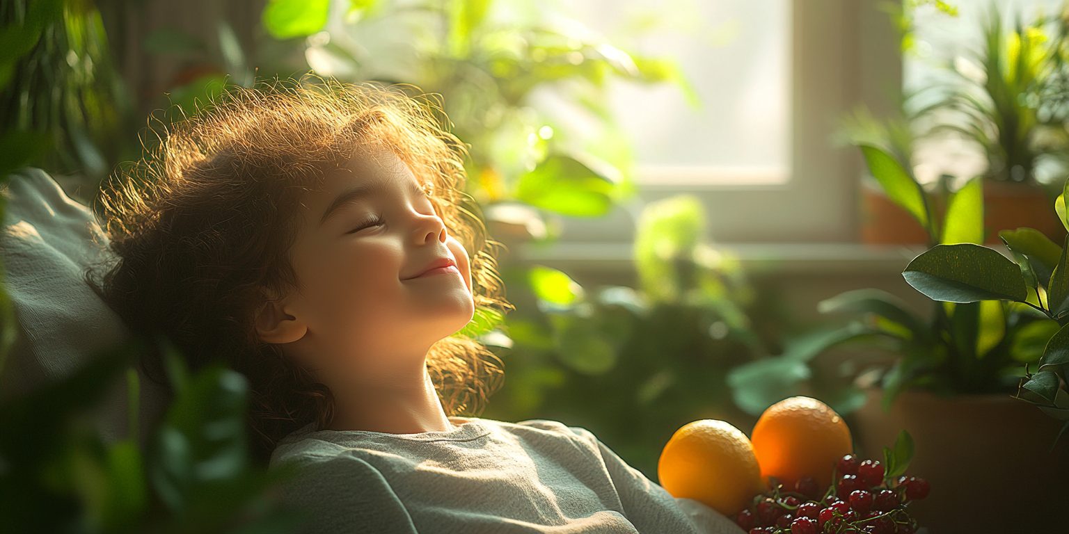 A child sitting in a cozy, softly lit room, smiling peacefully with fresh fruits nearby, symbolizing health and well-being