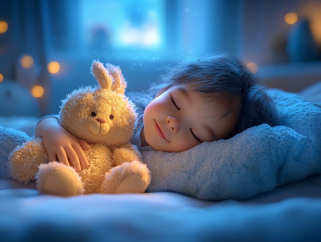 Peaceful child sleeping with a plush bunny under soft lighting, representing calm and relaxation benefits of Maxler Magnesium Gummies