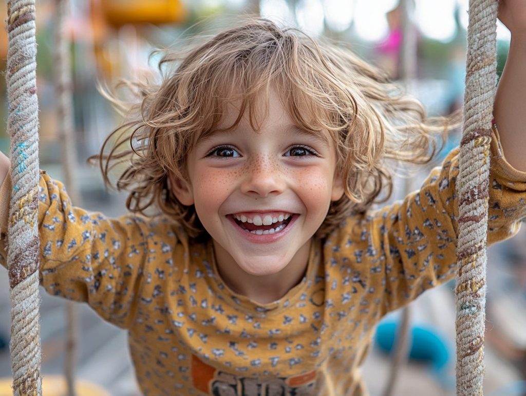 A joyful 10-year-old child playing on a colorful playground, symbolizing energy, vitality, and an active lifestyle
