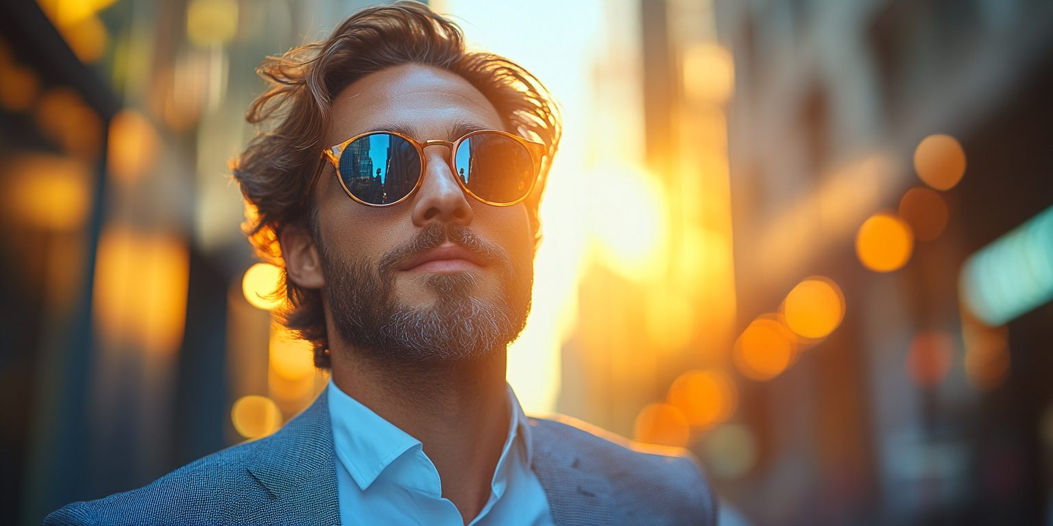 Stylish man in sunglasses walking confidently through a city at sunset, representing eye protection and vision wellness in an urban setting